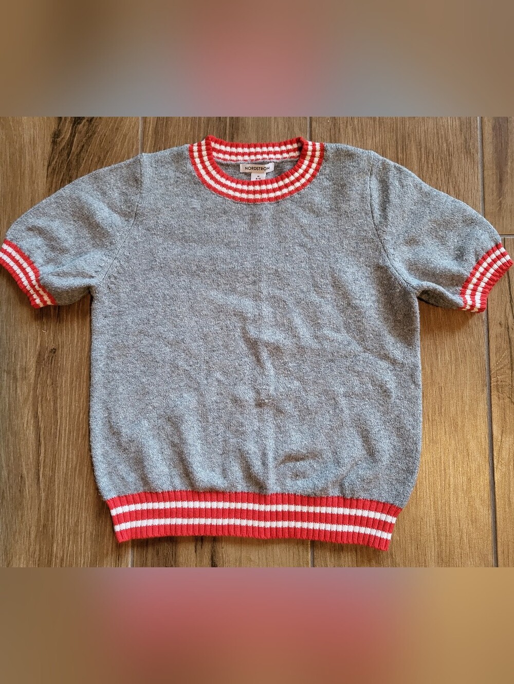 Nordstrom Gray Crewneck Sweater with Red/Orange and White Stripe Trim